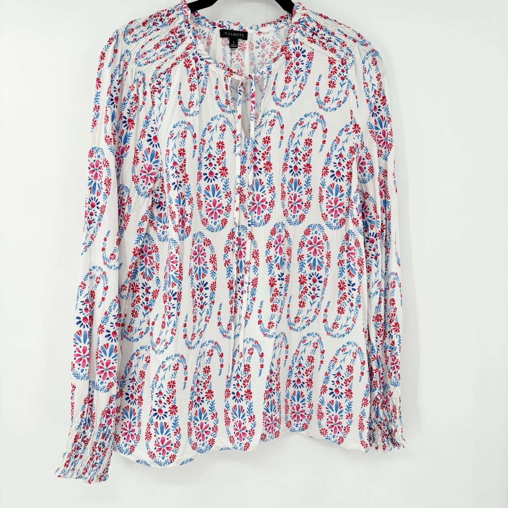 Talbots Red White Blue Floral Print Peasant Top Long Sleeve‎ Rayon Size S